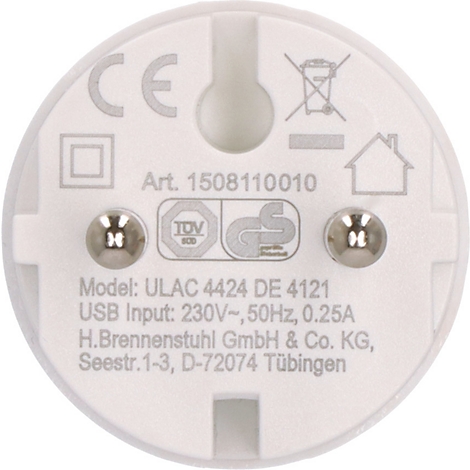 Close-up van de achterkant van een witte USB-oplader met tekst en symbolen.