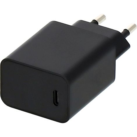 Schwarzes USB-C-Ladegerät mit Eurostecker. Der Stecker hat abgerundete Ecken und eine USB-C-Buchse.