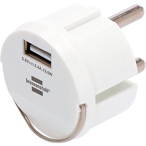 Weißer USB-Adapter mit Stecker, USB-Anschluss und Aufdruck: 5.0V==2.4A, 12.0W, Brennenstuhl.