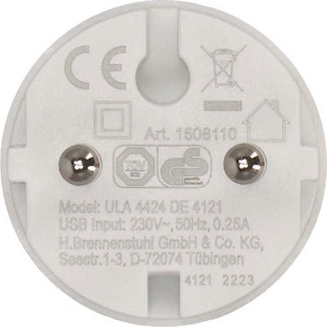 Achterkant van een witte, ronde stopcontactadapter met details zoals CE-markering, technische gegevens en schroeven.