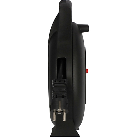 Schwarze Kabeltrommel mit vier Steckdosen, Tragegriff und rotem Reset-Knopf.