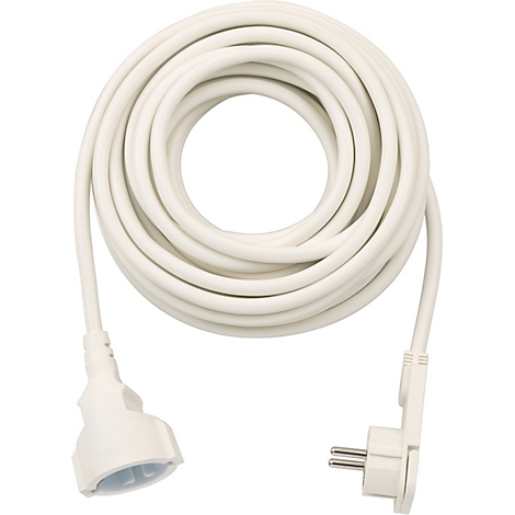 Weißer Netzstecker mit abgewinkeltem Kopf und Steckerpins. Das Kabel verläuft nach unten.