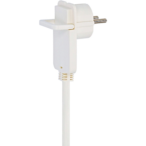 Nahaufnahme eines weißen Steckers mit Stecker. Zu sehen sind die Öffnungen, Kontakte und ein Anschlusskabel.