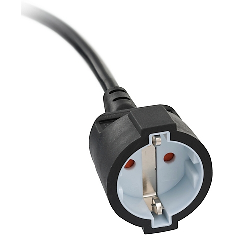 Nahaufnahme eines schwarzen Steckers mit Metallkontakten, Steckerteil auf hellem Hintergrund.