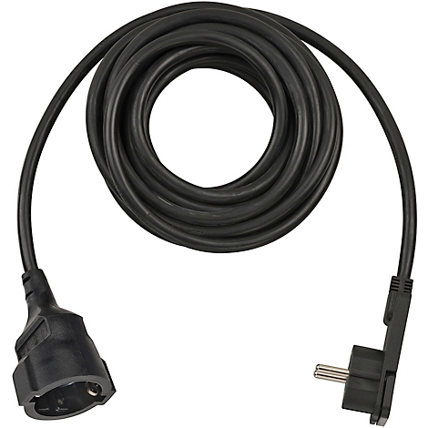 Schwarzes Verlängerungskabel mit Stecker und Kupplung, aufgerollt. Stecker gewinkelt.