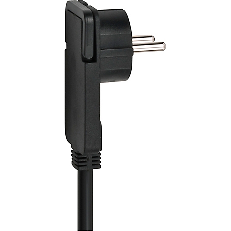 Ein schwarzer gewinkelter Stecker mit zwei Metallstiften. Der Stecker ist an einem schwarzen Kabel befestigt.