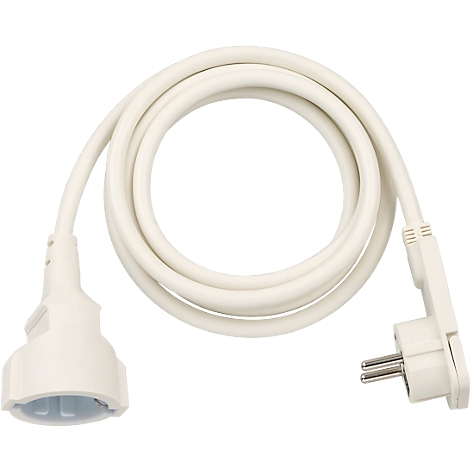 Witte haakse stekker met kabel die verticaal naar beneden loopt. De plugpinnen steken uit.