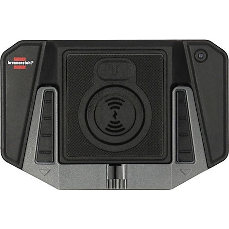 Chargeur noir avec lettrage "brennenstuhl", accents gris et un indicateur circulaire pour le chargement sans fil.