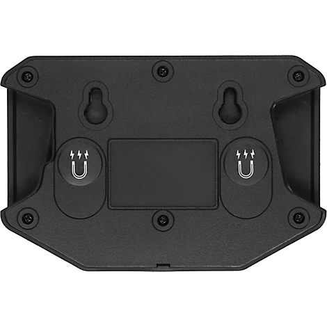 Schwarze Halterung von unten. Zwei Haken, zwei Magnet-Symbole und Schrauben.