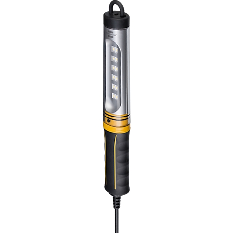 Cilindrisch apparaat van metaal en kunststof, met LED-lampen en handvat.