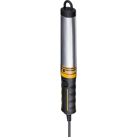Cilindrisch metalen object met handvat en gele sierstrepen, kabelconnector.