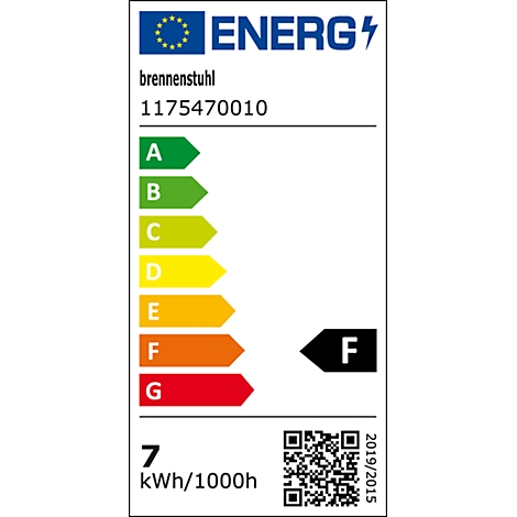 Energielabel met beoordeling F. ENERG-logo linksboven. Daaronder de productnaam en het artikelnummer.