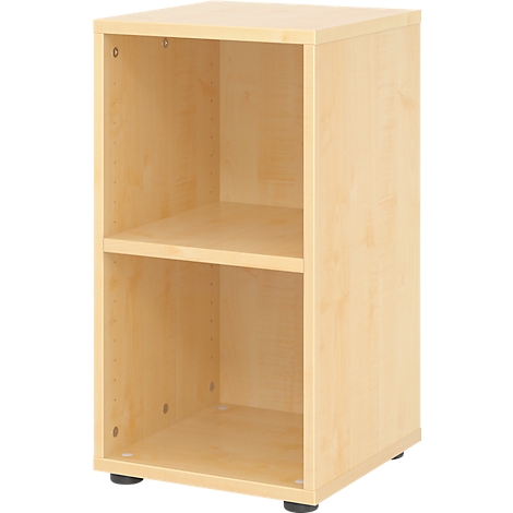 Een rechthoekige, lichtbruine plank met twee vakken. Hij staat op kleine zwarte voetjes en heeft een glad oppervlak.