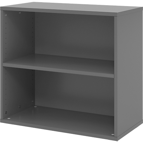 Grijs boekenrek met twee schappen. Eenvoudig ontwerp, rechthoekige vorm.