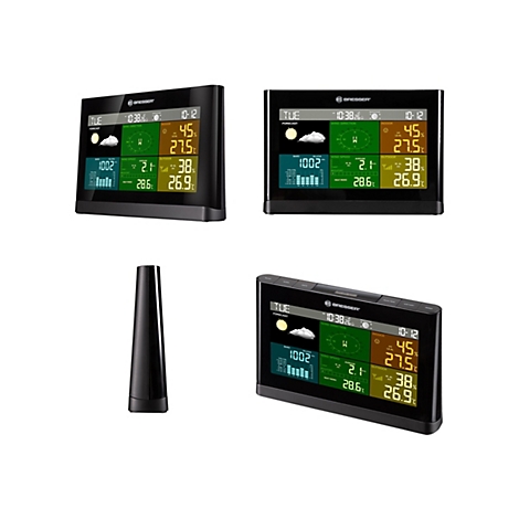 Digitale Bresser Wetterstation mit Display in verschiedenen Perspektiven und einem externen Sensor.