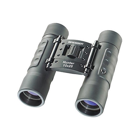 Kompaktes, anthrazitfarbenes Bresser Hunter 10x25 Fernglas auf weißem Hintergrund.
