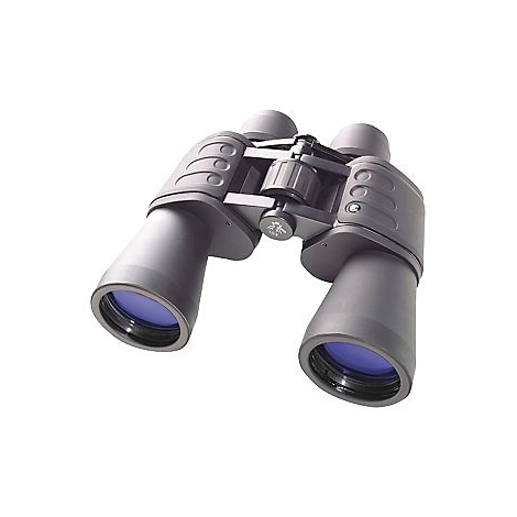 Schwarzes Fernglas vor weißem Hintergrund mit bläulich schimmernden Objektiven.