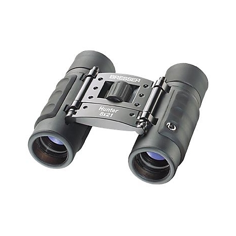 Schwarzes Bresser Hunter 8x21 Fernglas auf weißem Hintergrund.