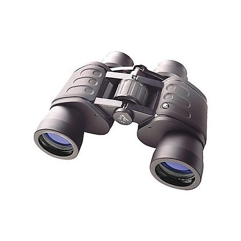 Schwarzes Fernglas mit bläulich schimmernden Linsen vor weißem Hintergrund.