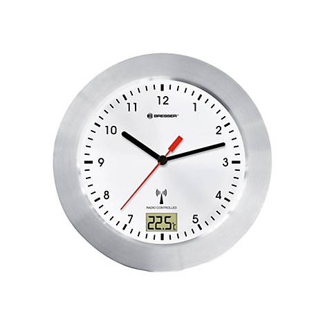 Runde Bresser Wanduhr mit silbernem Gehäuse, weißem Zifferblatt, schwarzen Zeigern, rotem Sekundenzeiger und LCD-Temperaturanzeige.