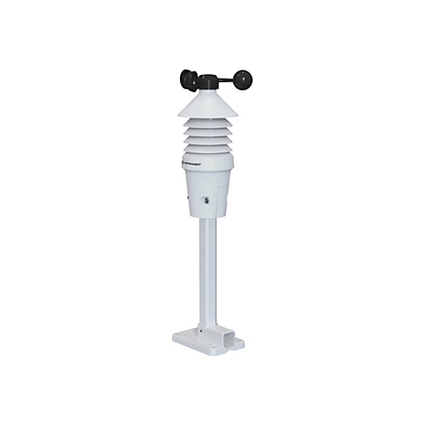 Weiße Bresser Wetterstation mit Windmesser auf einem Standfuß vor weißem Hintergrund.