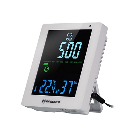 Bresser CO2-Luftqualitätsmonitor in Weiß mit digitalem Display, das den CO2-Wert, Temperatur und Luftfeuchtigkeit anzeigt.