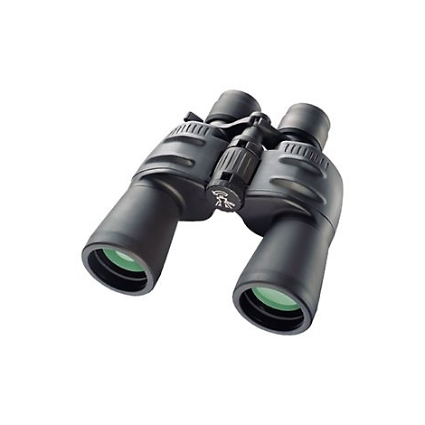 Schwarzes Fernglas vor weißem Hintergrund mit Fokusrad in der Mitte.