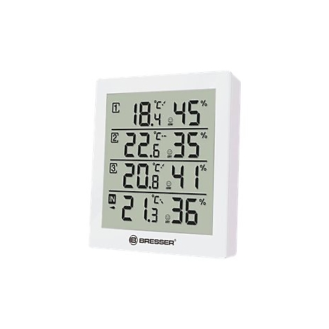 Digitales Bresser Hygrometer mit vier Temperatur- und Luftfeuchtigkeitsanzeigen auf weißem Hintergrund.