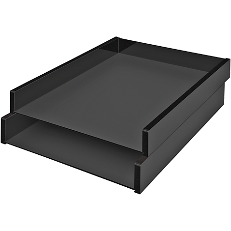 Schwarzes, zweistöckiges Ablagefach für Dokumente.