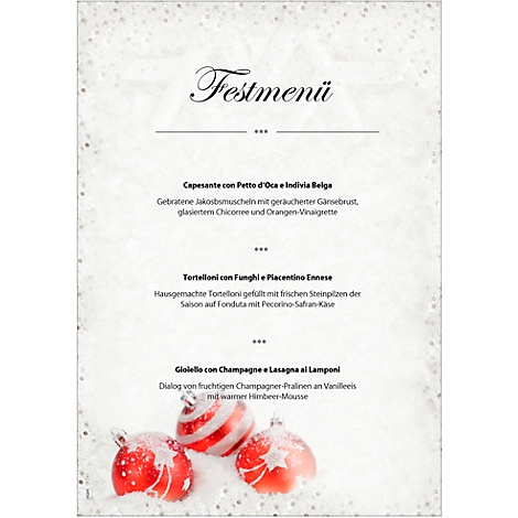Feestmenu in elegant schrift, daaronder drie rood-witte kerstballen. Menupunten met Italiaanse namen.