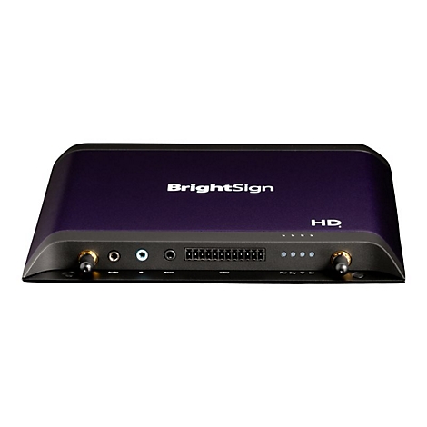 Dunkelvioletter BrightSign HD Mediaplayer von vorne mit verschiedenen Anschlüssen und LED-Statusanzeigen.
