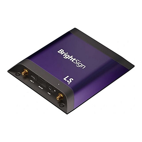 Violette BrightSign LS5-Box. Hellgraue AnschlÃ¼sse, zwei goldene Antennen, weiÃŸer Schriftzug.
