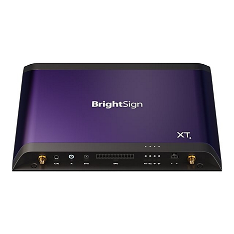 Lila BrightSign XT5 Mediaplayer mit verschiedenen Anschlüssen auf der Vorderseite.