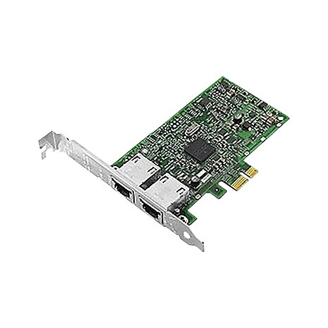 Grüne PCIe-Netzwerkkarte mit zwei LAN-Anschlüssen auf einer Metallblende.
