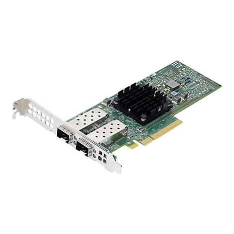 Netzwerkkarte mit grünem PCB, schwarzem Kühlkörper und zwei SFP-Anschlüssen vor weißem Hintergrund.