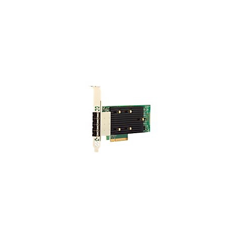 Netzwerkkarte mit grünem PCB, großem schwarzem Kühlkörper und vier Anschlüssen auf einer silbernen Blende.