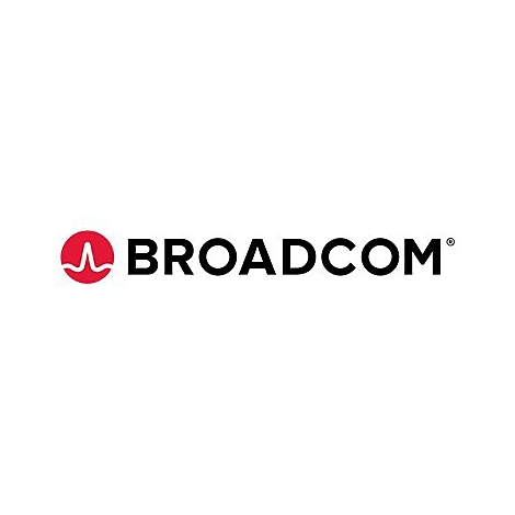 Das Broadcom Firmenlogo besteht aus einem roten Kreis mit einem weißen Liniendiagramm und dem schwarzen Schriftzug Broadcom.