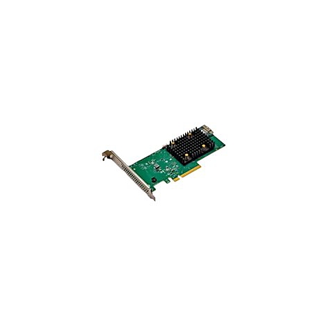 Grüne PCIe-Controllerkarte mit großem schwarzem Kühlkörper auf weißem Hintergrund.