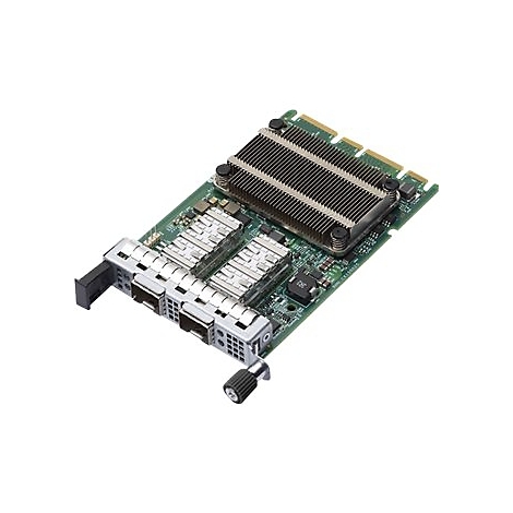 Netzwerkkarte mit grünem PCB, Kühlkörper und zwei SFP-Anschlüssen auf weißem Hintergrund.