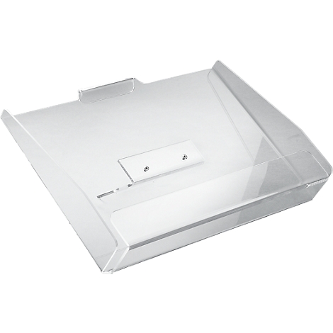 Transparent acrylic tray with a sloped surface and a small white holder. Two screws secure the holder.