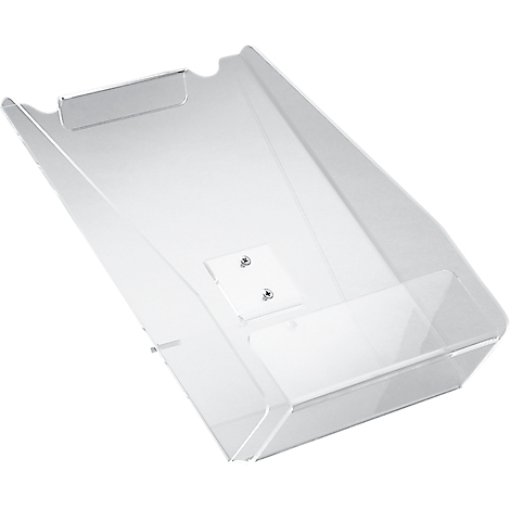 Transparent, angled plastic letter tray. A white mounting element with screws is attached to the back.