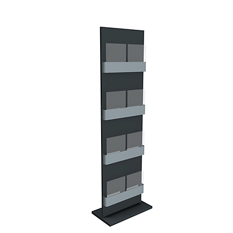Gray, tall display for brochures with multiple shelves and a base.