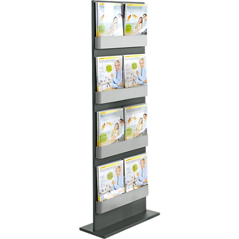 Grey magazine rack with brochures, two per compartment.