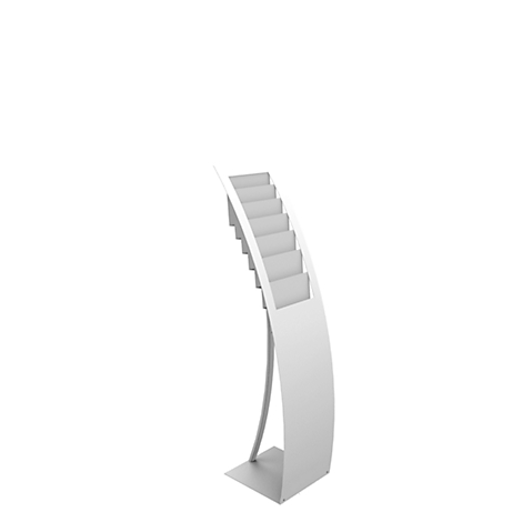 White, curved brochure stand, with eight compartments for brochures, on a white background.