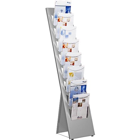 Gray brochure stand with multiple brochures displaying various graphics and logos.
