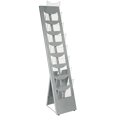 Gray brochure stand resembling an open book, featuring several transparent compartments.