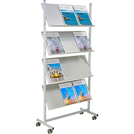 White magazine rack with magazines. Title 'IN TIME'. Castors on the bottom.