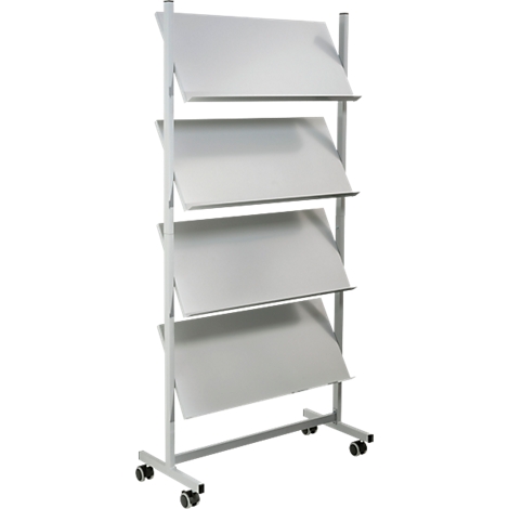 Gray magazine rack with four inclined shelves on wheels.