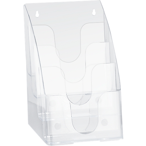 Transparent brochure holder with three compartments, wall mounted.