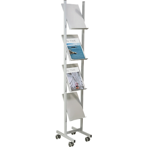Gray brochure stand with four shelves, filled with magazines. The stand stands on wheels.